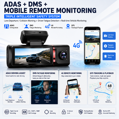 Cámara de tablero AI 4G de 3 canales 4K frontal, ADAS y DMS, seguimiento GPS, monitor de estacionamiento 24 horas al día, 7 días a la semana
