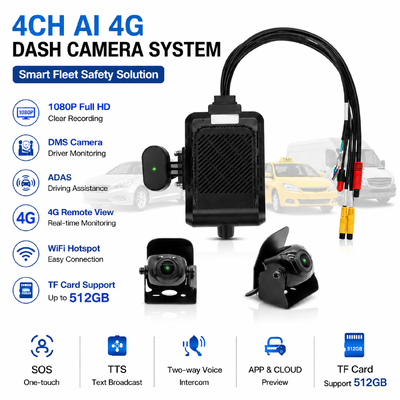 Cuatro canales de inteligencia artificial con cámara 4G inteligente, ADAS + DMS + Seguridad activa BSD, 1080P + 720P grabación para taxis