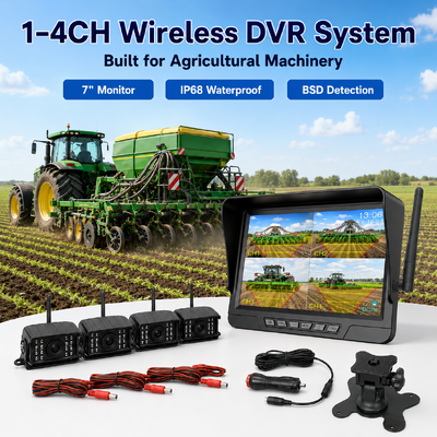 Kit de cámara inalámbrica para tractor de 2 canales Plug and Play - Monitor de 7" IP68 con visión nocturna, BSD y diseño resistente a vibraciones