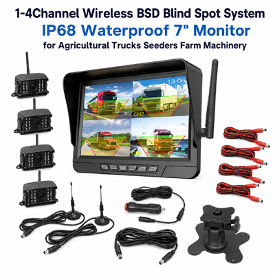 Kit de cámara inalámbrica para tractor de 2 canales Plug and Play - Monitor de 7" IP68 con visión nocturna, BSD y diseño resistente a vibraciones