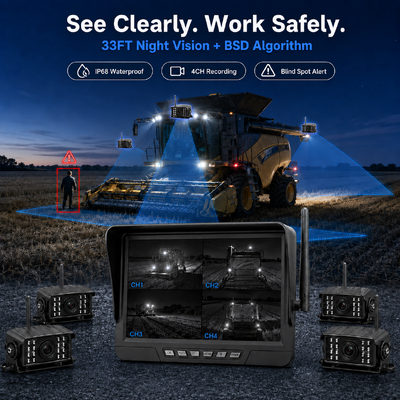 Kit de cámara inalámbrica para tractor de 2 canales Plug and Play - Monitor de 7" IP68 con visión nocturna, BSD y diseño resistente a vibraciones