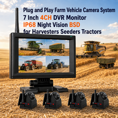 Sistema de cámara inalámbrica magnética Plug and Play 1-4CH 720P con monitor de 7" y alarma BSD recargable para camiones, RV, remolques y maquinaria agrícola
