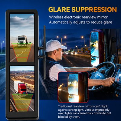 Espejo retrovisor electrónico inalámbrico con pantalla táctil de 15.88 pulgadas y 4 cámaras solares magnéticas con pantalla dividida BSD para camiones pesados