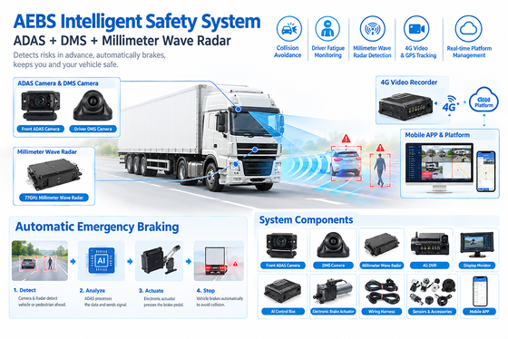 Sistema AEBS con radar de onda milimétrica de 77 GHz ADAS + DMS y conectividad 4G/5G para telemática de flota