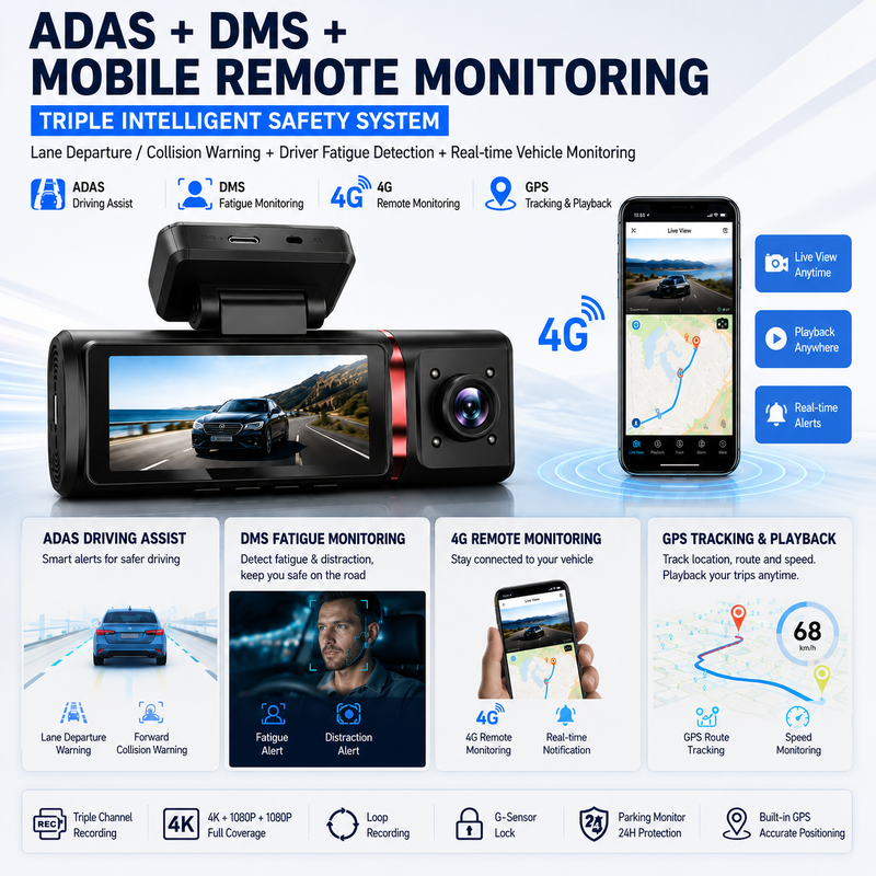 Cámara de tablero AI 4G de 3 canales 4K frontal, ADAS y DMS, seguimiento GPS, monitor de estacionamiento 24 horas al día, 7 días a la semana