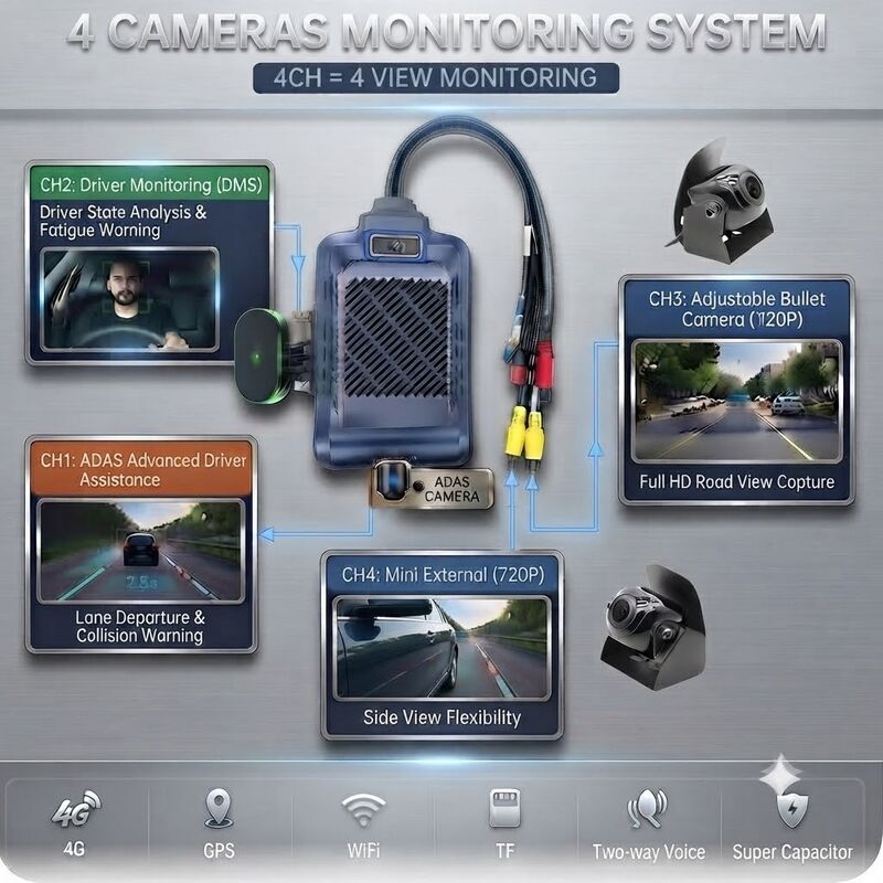 Cuatro canales de inteligencia artificial con cámara 4G inteligente, ADAS + DMS + Seguridad activa BSD, 1080P + 720P grabación para taxis