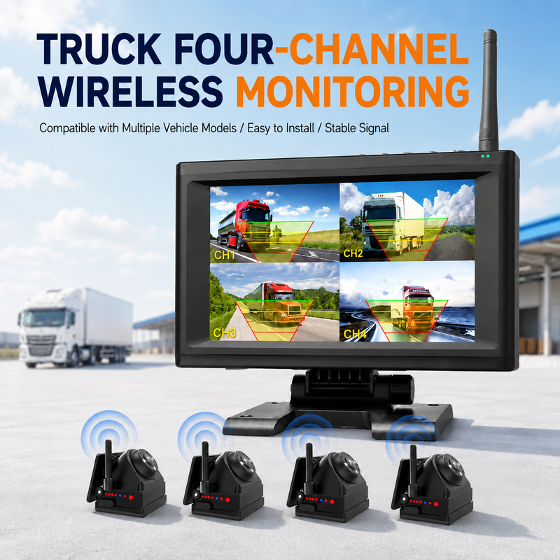 Sistema de cámara inalámbrica magnética Plug and Play 1-4CH 720P con monitor de 7" y alarma BSD recargable para camiones, RV, remolques y maquinaria agrícola