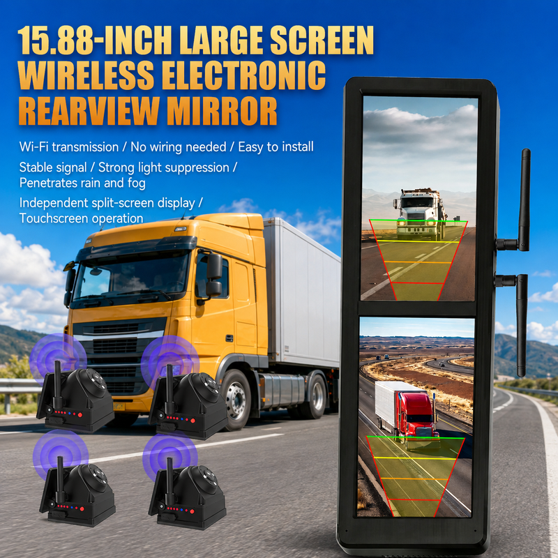Espejo retrovisor electrónico inalámbrico con pantalla táctil de 15.88 pulgadas y 4 cámaras solares magnéticas con pantalla dividida BSD para camiones pesados
